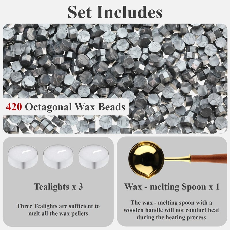 Cazzon 420 Pcs Vintage Wax Sealing Beads for Wax Seal Stamp, Antique Decor for Wedding Invitations, Envelope, Letters, DIY Crafts Gift Wrap (Silver A) - Image 2